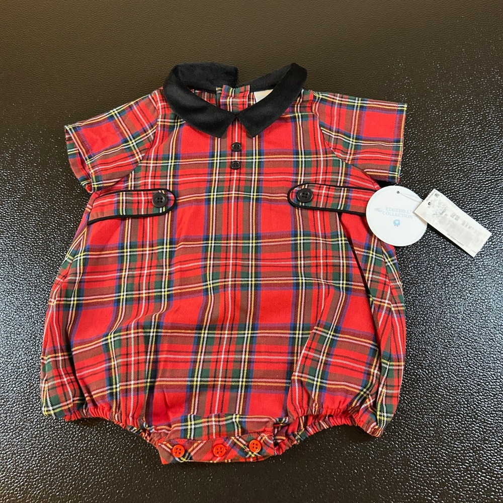 Edgehill Collection Plaid Romper Black Collar Holiday Outfit Red Baby 6M NWT‎